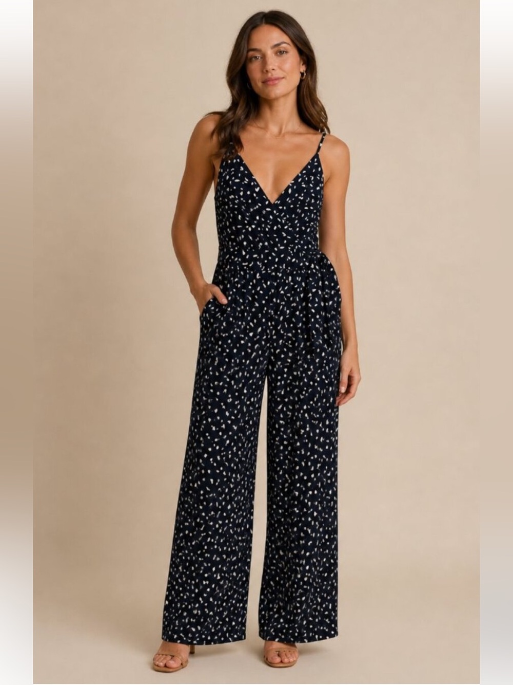 Kaileigh Black Romper/Jumper with Off-White Speckle Pattern and Tie Waist